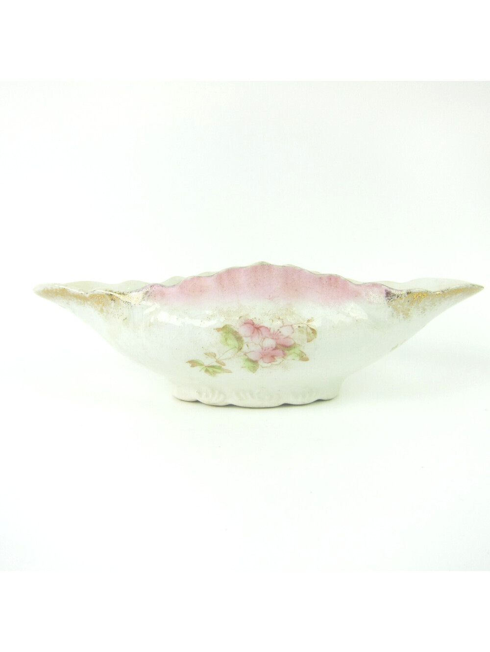 Antique Warwick China Porcelain Oval Gravy Bowl Pink Floral Gold Gilt Accents 8"